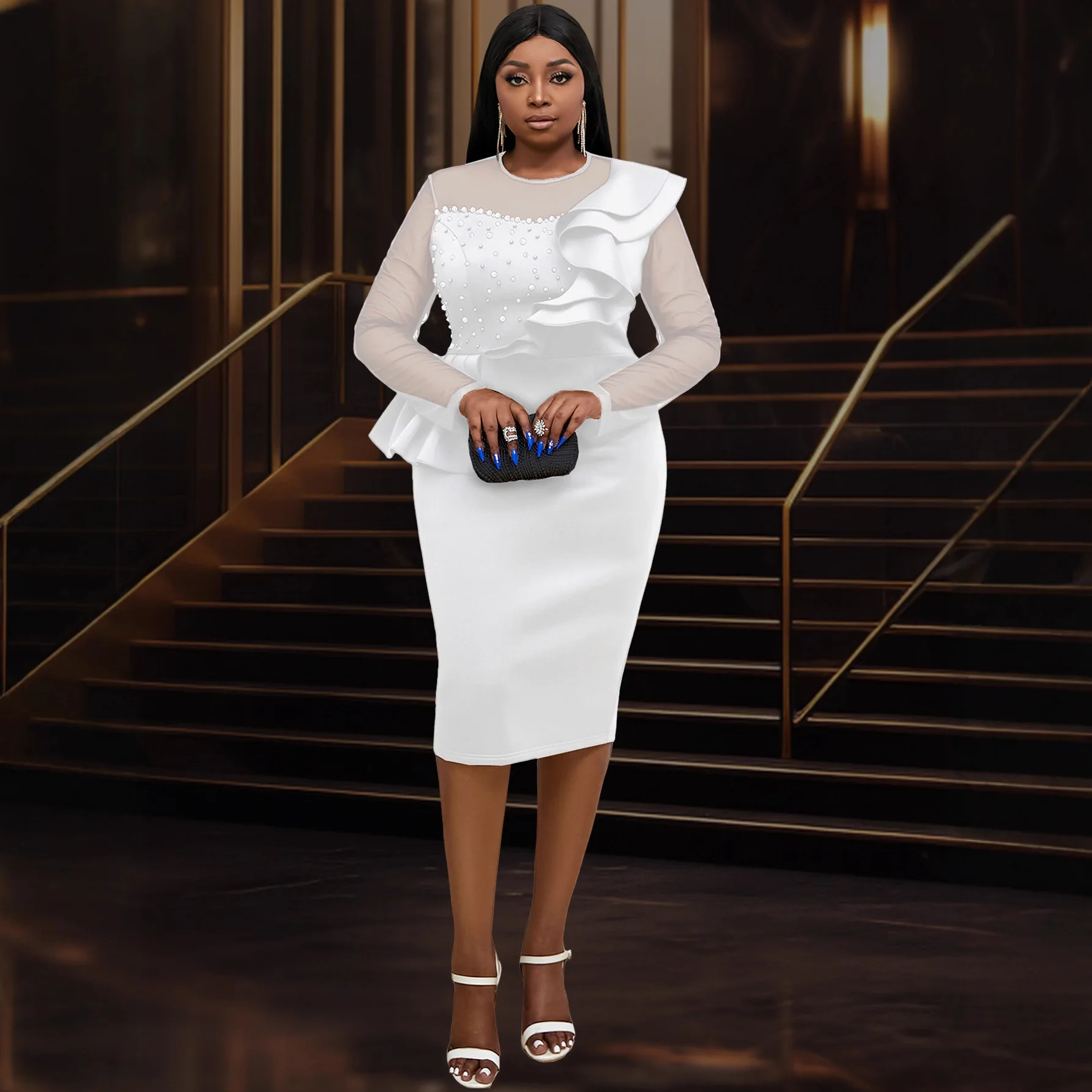 

Plus Size Women's Sheer Mesh Beaded Dress Office Lady Ruffle High Waist Dress Casual 2026 Party Summer Elegantes Casual Y2k