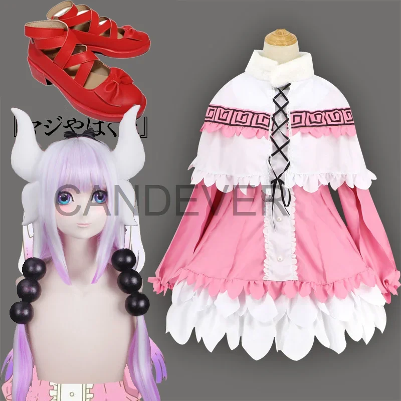 Miss Kobayashi Dragão Maid Kamui Kanna Cosplay peruca sapatos Vestido Uniforme Meninas Mulheres Halloween Meidofuku Anime Outfit Trajes O