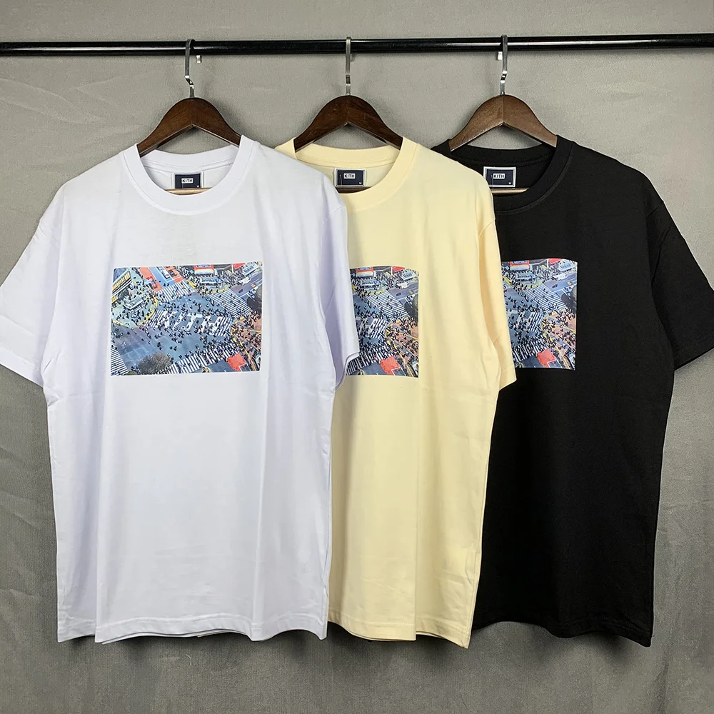 Trendy Cotton round Neck Short Sleeve T-Shirt INS Style KITH Tokyo Busy Street Scene Print High Street Hip Hop Loose Summer T...