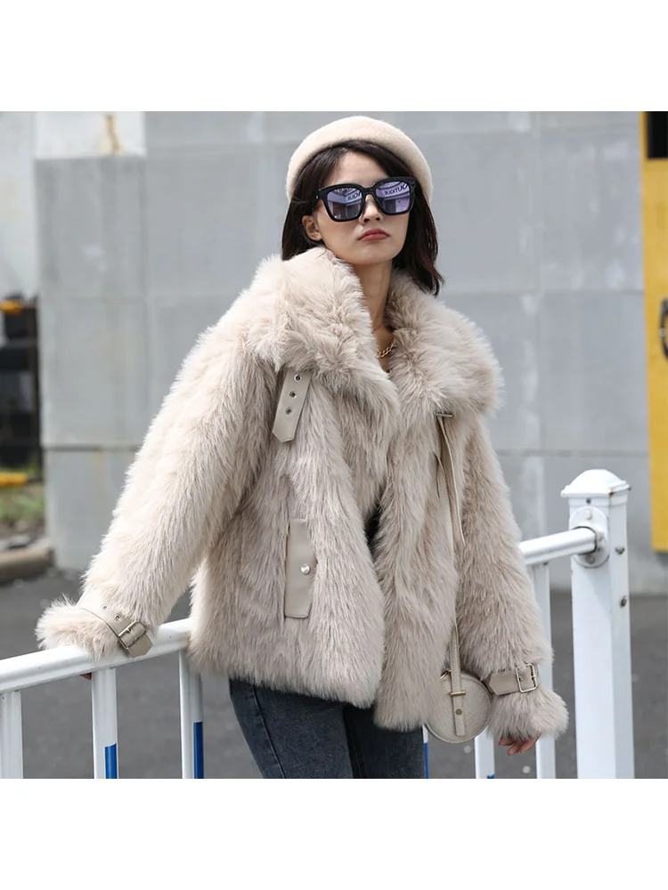 프렌치 겨울 따뜻한 카키색 인조 모피 패셔너블 벨트 버클 스윗 숏 캐주얼 젠틀 루즈 라펠 출퇴근 데이트 루즈 재킷