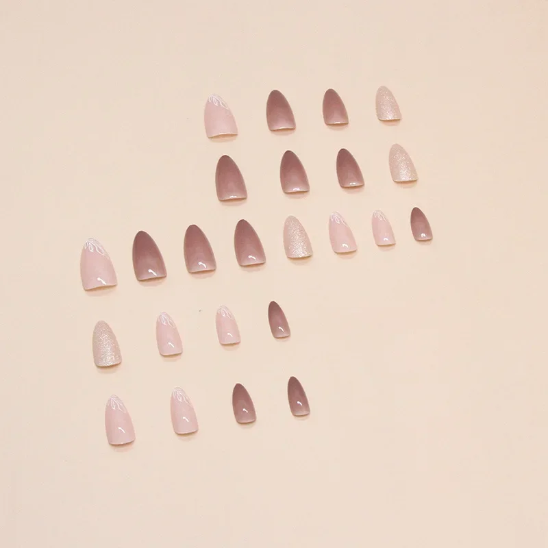 24pcs/set Nude Coffee Almond Glitter Wear Nail Press on Nails Set Medium Nail Tips Cheap False Nails Fake Nail Acrylic with Glue