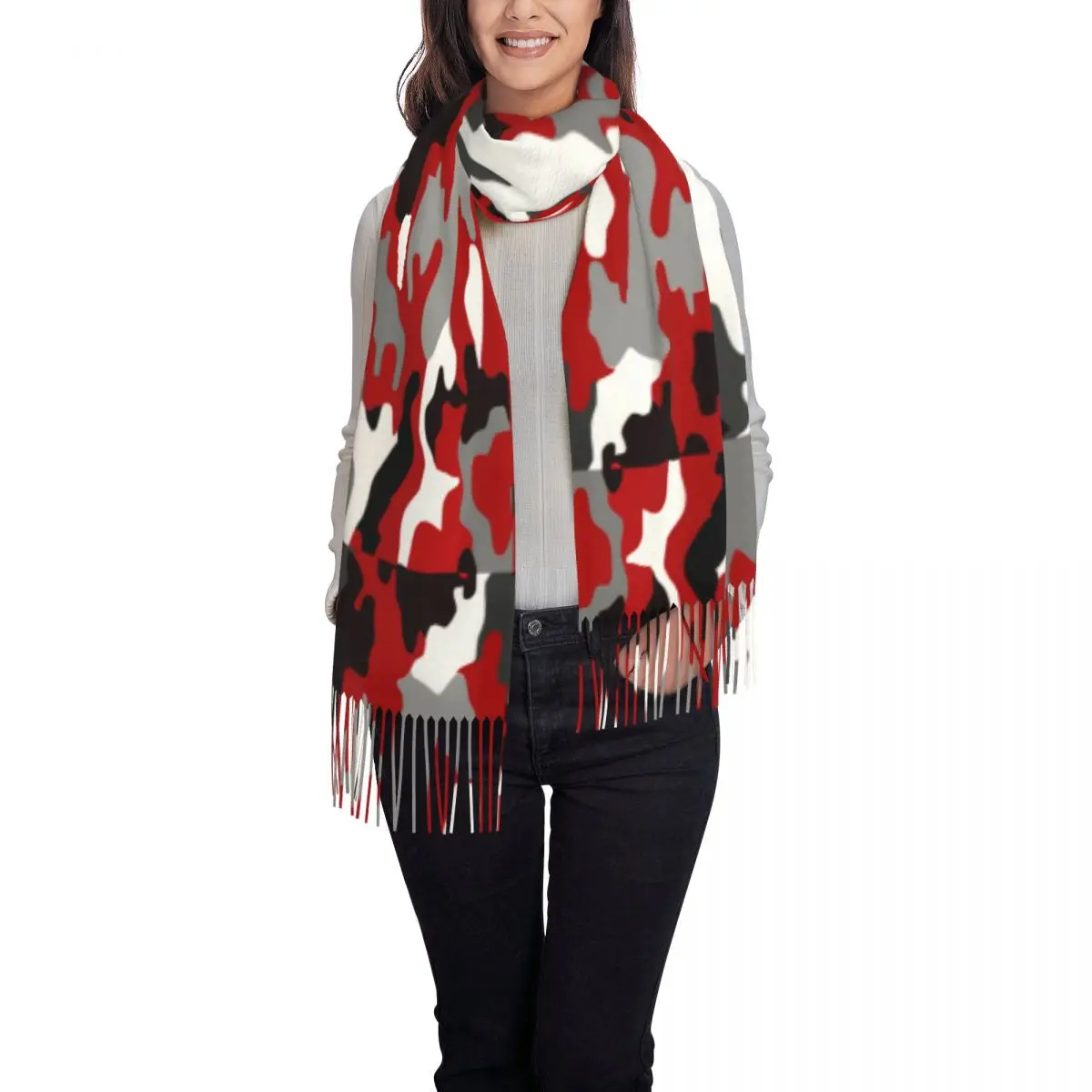 レッド迷彩スカーフラップ女性ロング冬秋暖かいタッセルショールユニセックス陸軍軍事迷彩スカーフ