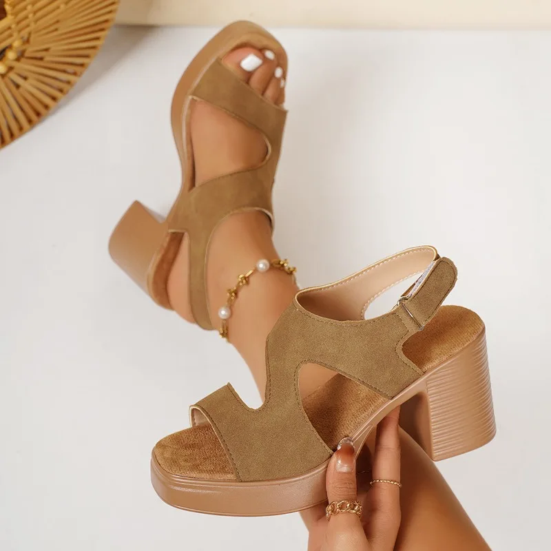 High Heeled Sandals Women's 2025 Summer Thick Heeled Platform Sandals Women's Fishmouth One-Word Buckle One-Word Gladiator Shoes view 5