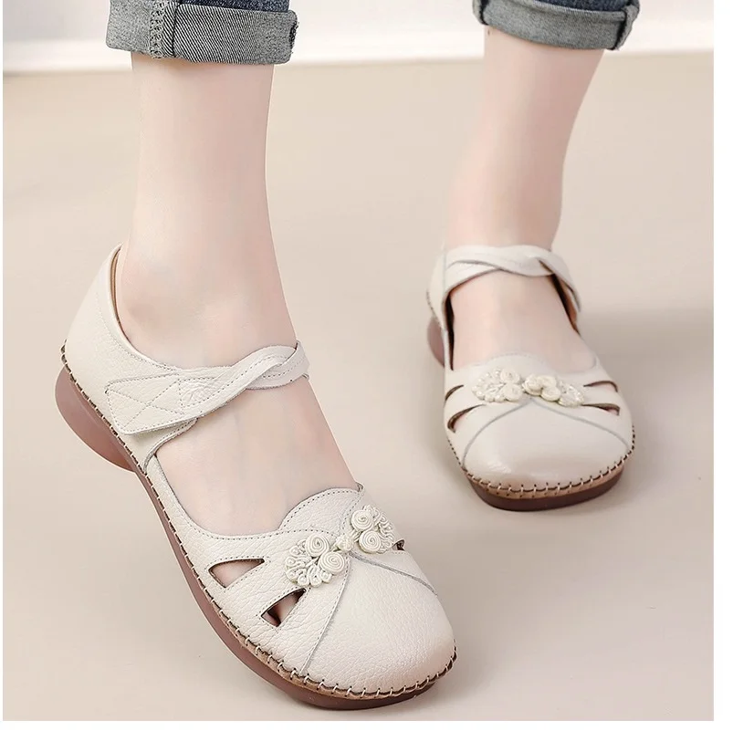 

2024 New Cow Leather Roman Sandal Women Elegant Mary Jane Shoes Round Toe Chic Flats Breathable Travel Beach Sandal For Holiday