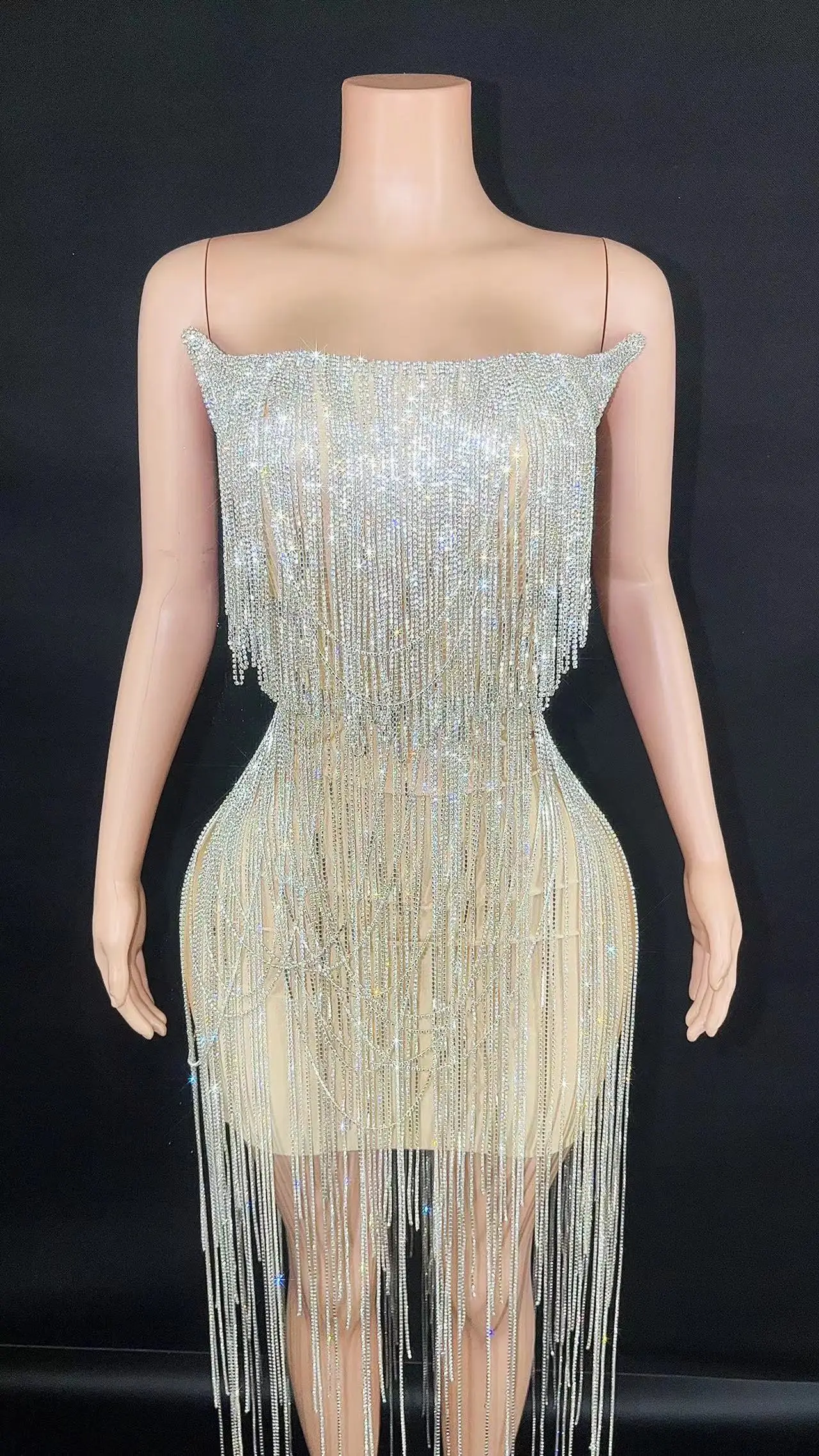 

Sparkly Rhinestones Chains Tube Short Dress for Women Sexy Celebrate Birthday Wedding Evening Prom Dress Festival Outfit