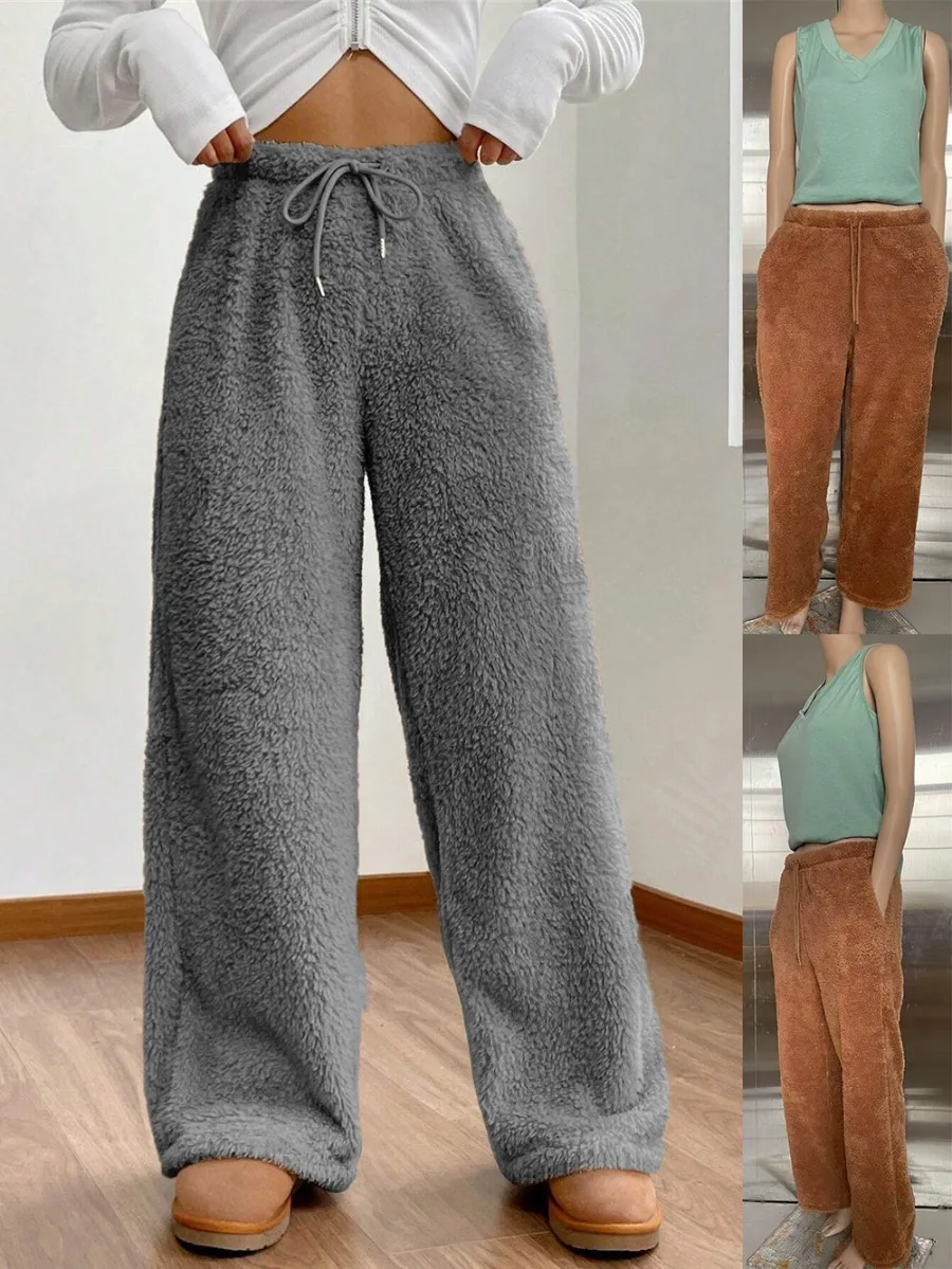 New Women Keep Warm Pants Plush Fleece Pants Casual Loose Drawstring Women Solid Color Fashion Comfortable Material Sweatpants