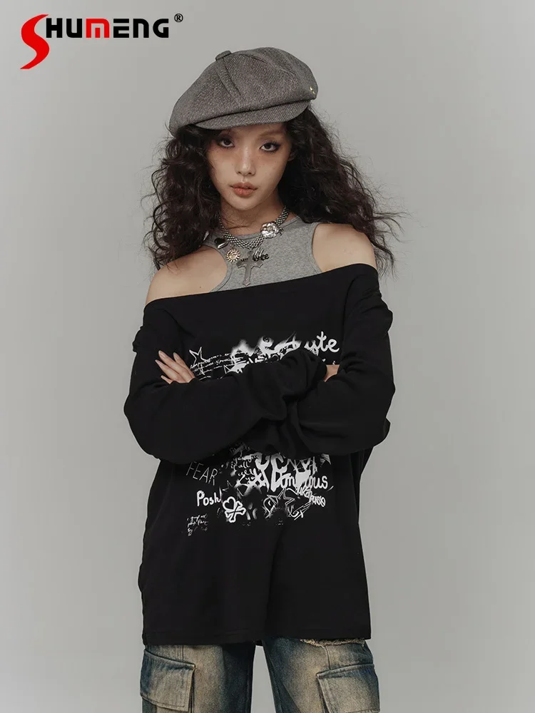 

2000s Hot Girl American Punk Black Long-sleeved T-shirt Women Loose Off-shoulder Hand-painted Printed Autumn Casual Fashion Top