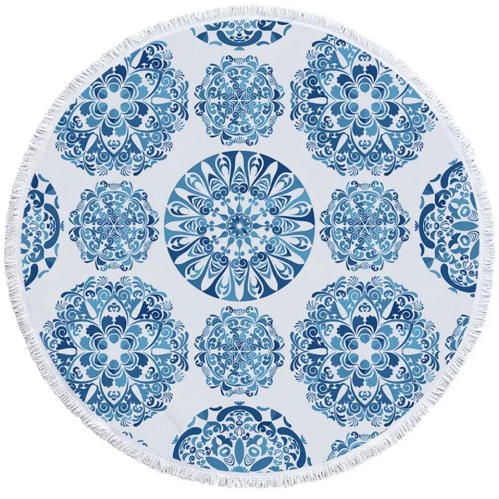 BeddingOutlet Bohemian Round Beach Towel Sky Blue Tassel Mandala Tapestry Yoga Mat Floral Toalla Sunblock Boho Blanket 150cm