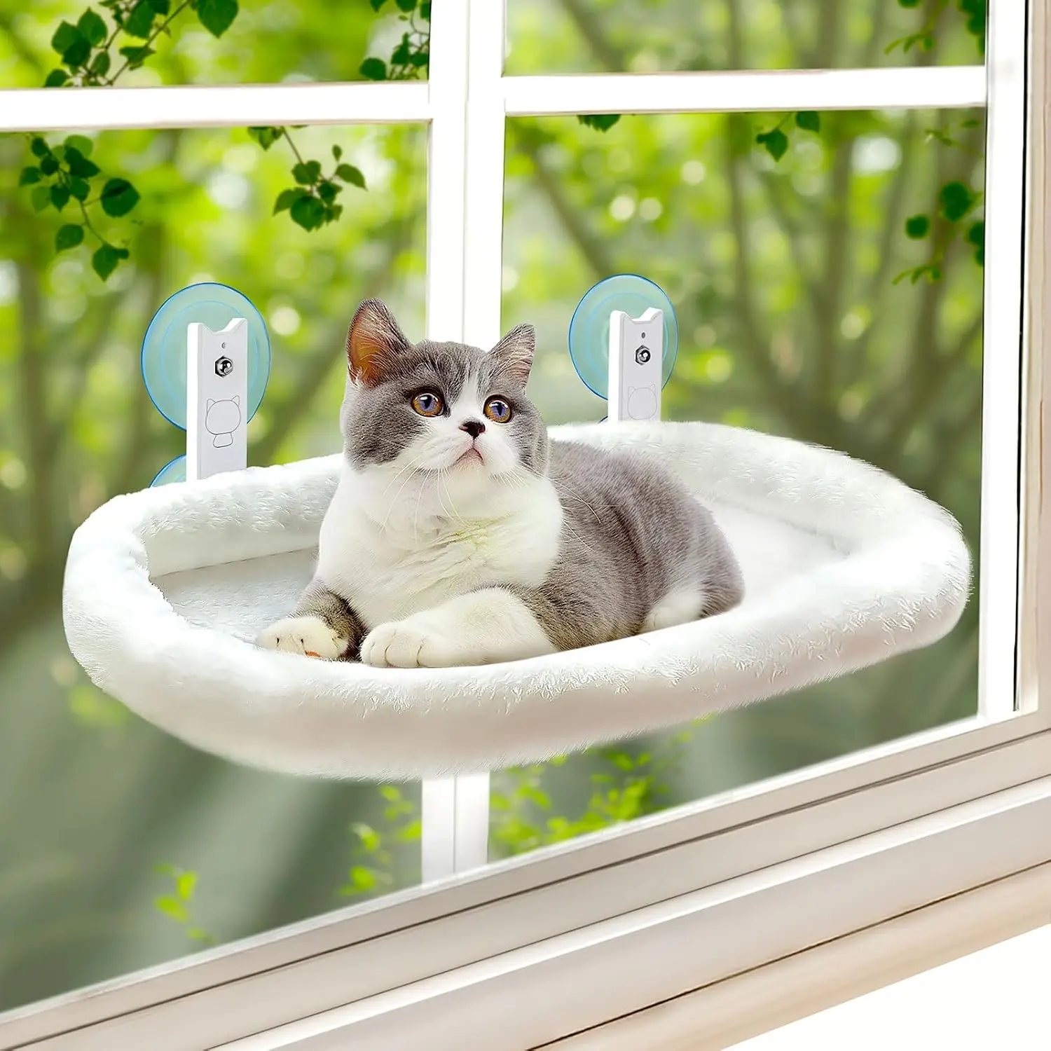 

Foldable Cat Window Perch, Cordless Hammock for Large Cats, 4 Strong Suction Cups, Metal Frame, Removable Cushion