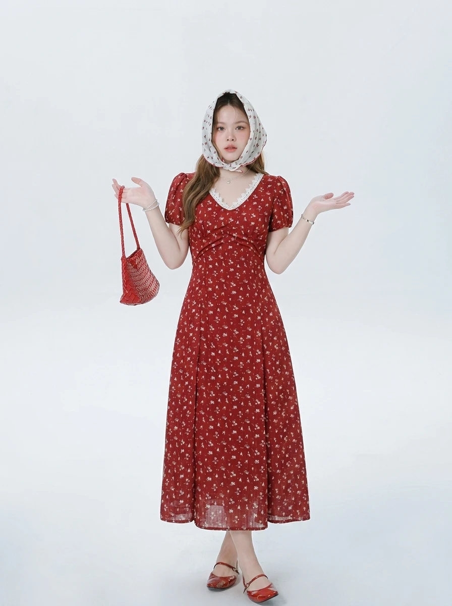 

plus Size Floral Print V-Neck Short Sleeve A-Line Long Dress Women's Summer New Style Waist-Cinching Holiday Fashion Dress