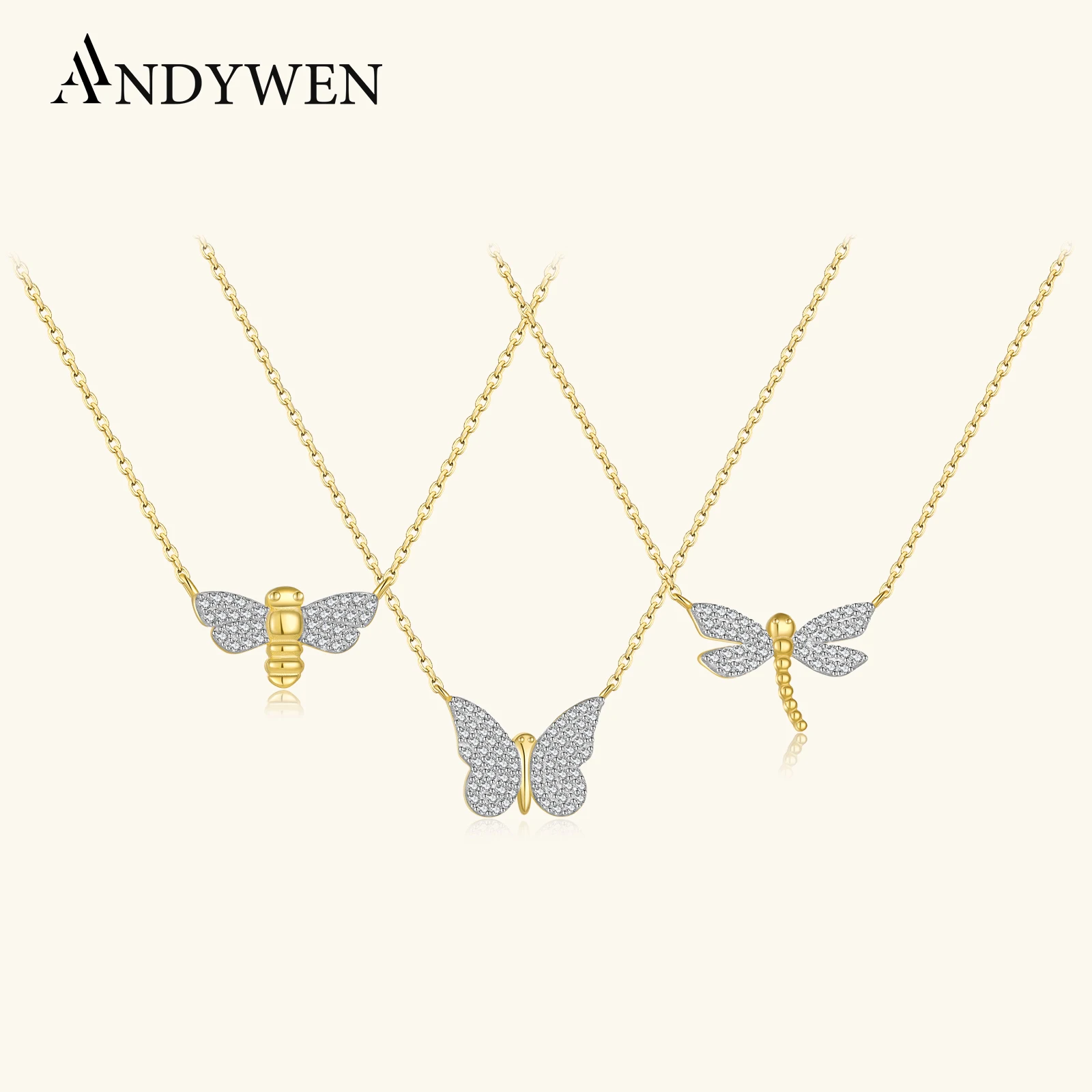 ANDYWEN 925 Sterling Silver Split Plating Dragonfly Bee Butterfly Chain Pendant Charm Necklace Choker Fine Jewelrt 2022 Crystal