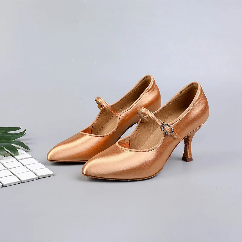 Donne Sala Da Ballo Scarpe Da Ballo Strass BD137 LUNA Tan Raso di Alta Tallone Delle Signore Danza Standard di Scarpe Anti-Slittamento Suola