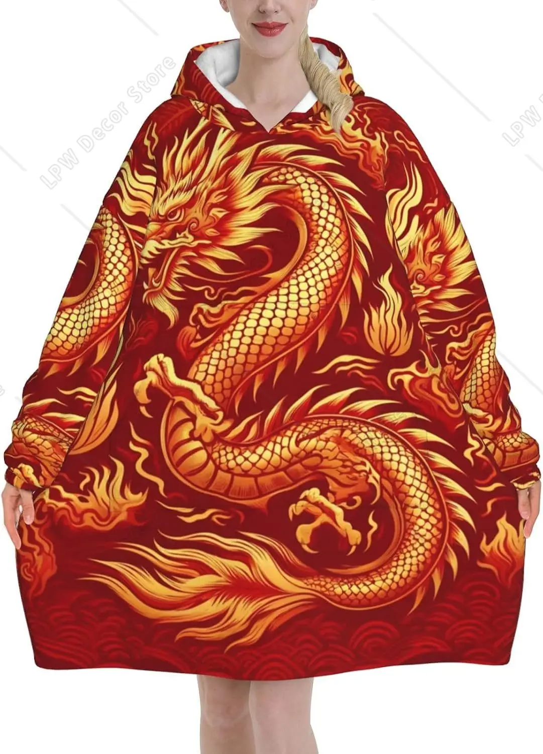 Oversized Adult Long Sleeve Flannel Hoodie Blanket Asian Dragon Fire Gold Soft Fuzzy Hooded Sweatshirt Lounging Pullover