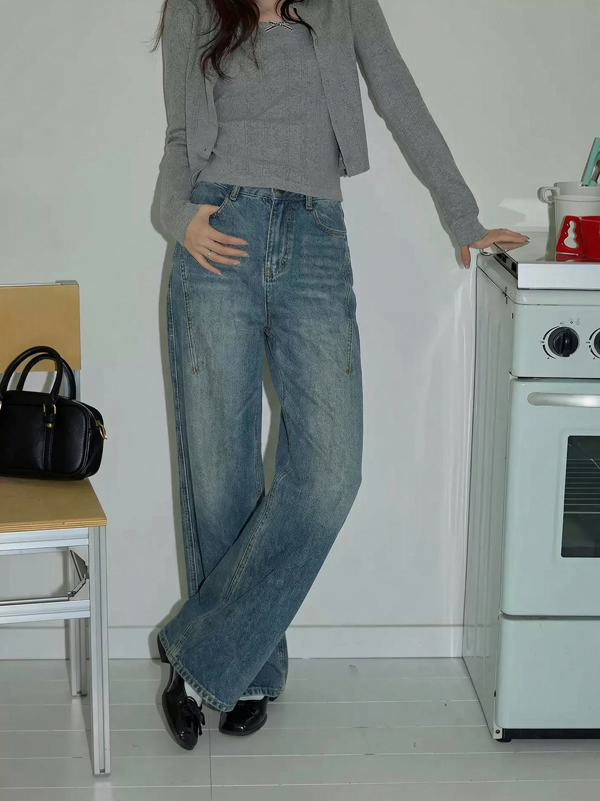 

Джинсы женские широкие прямые с высокой талией, свободного кроя, весенняя новинка, скрывающие недостатки фигуры