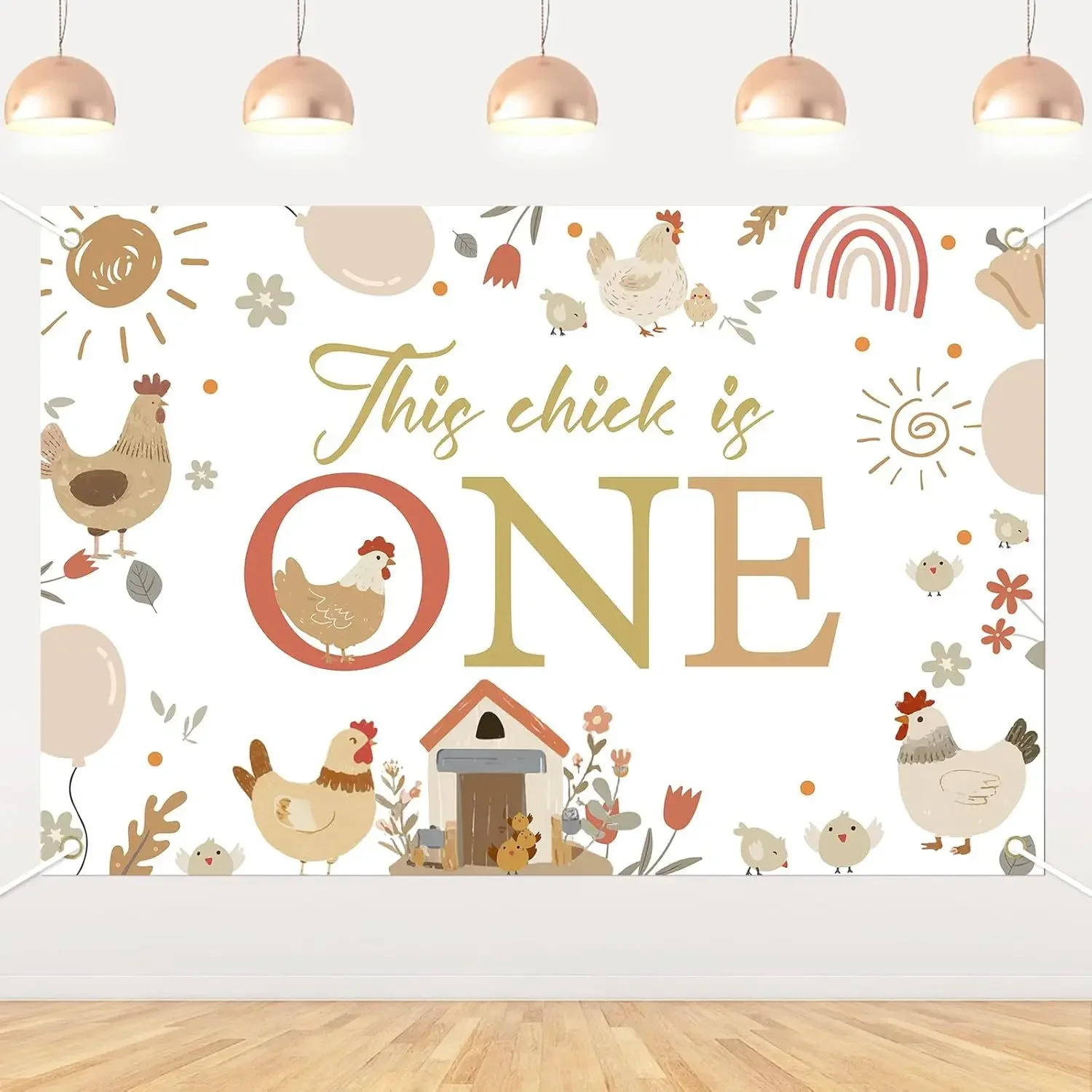 

This Chick is One Party Backdrop for Children 1st Year Birthday Decorations Farm Theme Photo Props Banner Background