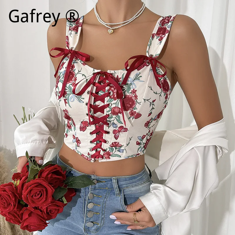 2026 New French Vintage Floral Print Bustier Cami Top Sexy Cropped Lace Up Tie Front Push Up Slim Fit