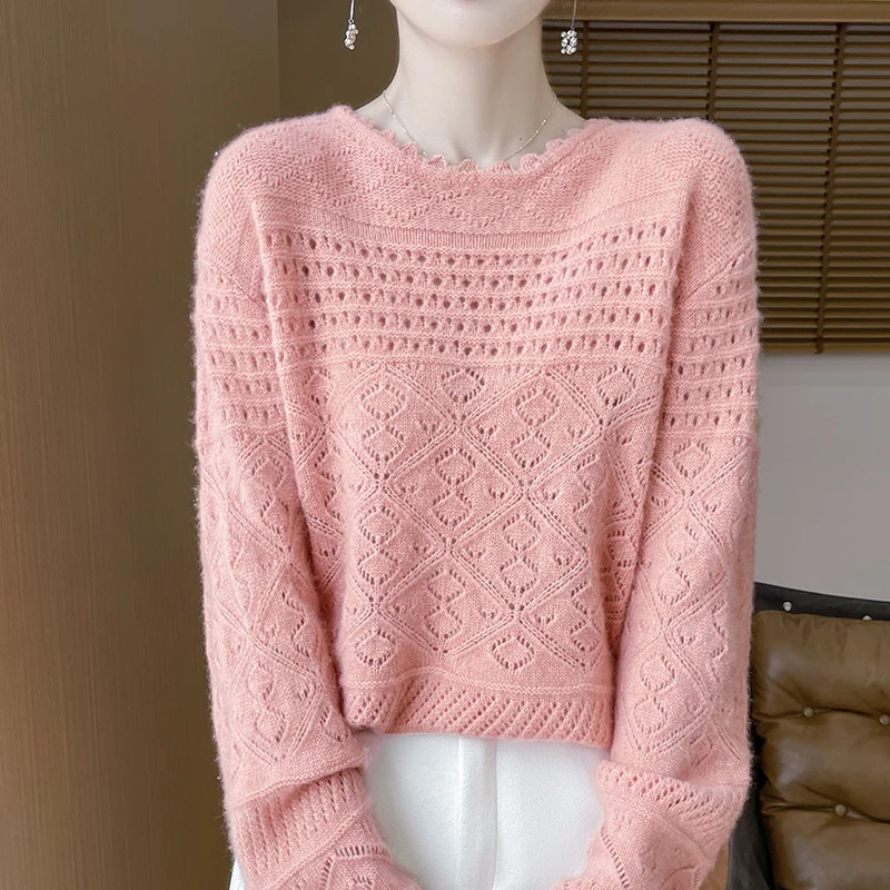 Large Size Fall Winter 100% Cashmere Sweater Women V-Neck Pullovers Long Sleeve Knitted Hollowed Out jacquard Outerwears Fashion