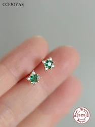 CCFJOYAS 925 Sterling Silver 14k Gold Plated Emerald Zircon Stud Earrings for Women Exquisite Screw Piercing Ear Studs