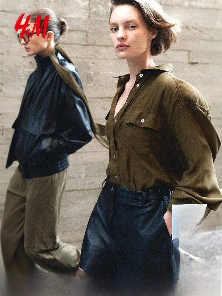 

Повседневная женская рубашка H&M, лето 2026, вискоза, новый стиль, свободный крой, длинный рукав, с пуговицами, воротник с декоративными элементами