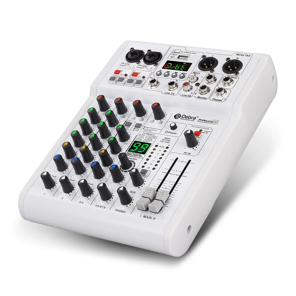 

Pro 6-Channel Stereo Audio Console 99DSP USB Bluetooth 48V Sound Card Noise Cancelling Feature PC Phone Wireless Communication