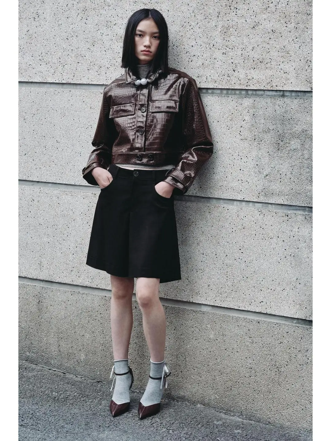 

Glossy Crocodile Pattern Jaet Outerwear High Waist Straight Leg Pants Autumn Winter Faion Set Women's Casual Sle