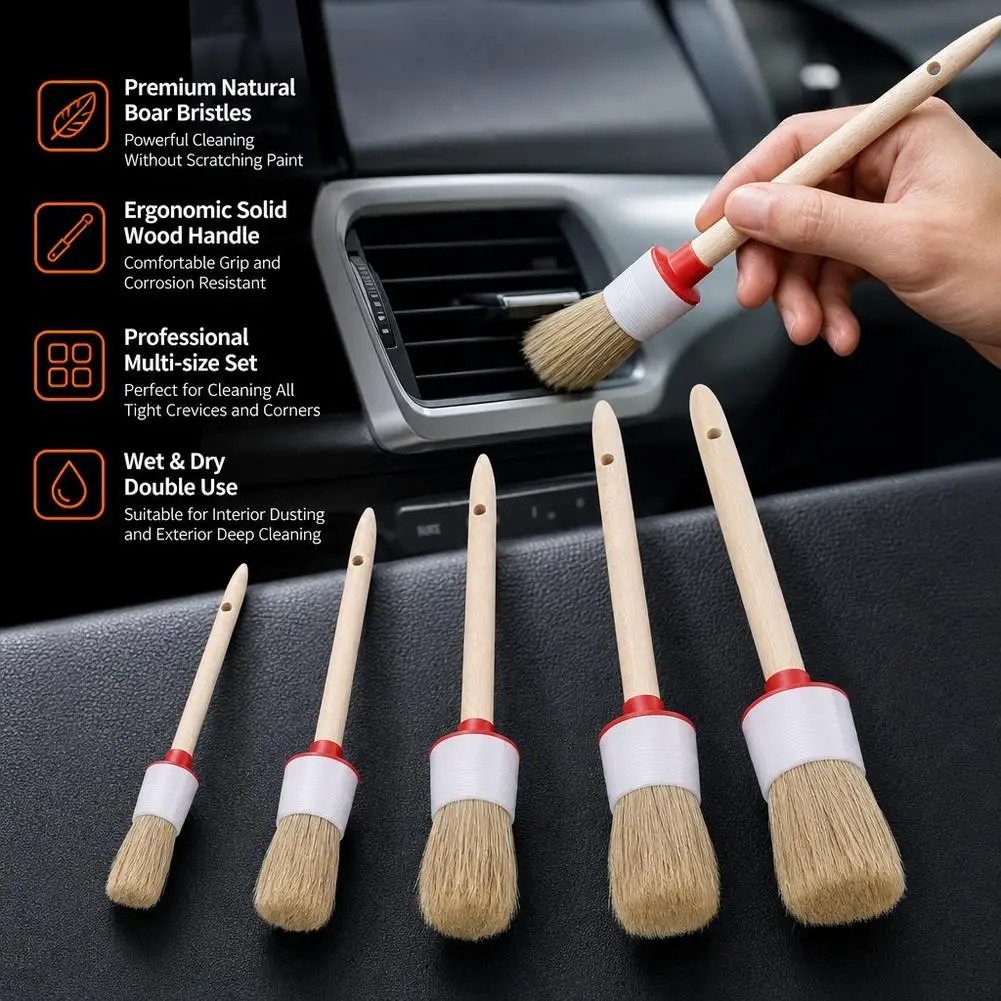 5PCS Car Detailing Brush Set Car Exterior Interior Boar Hair Bristle Brushes Dashboard Air Outlet Cleaning Brushes Tools