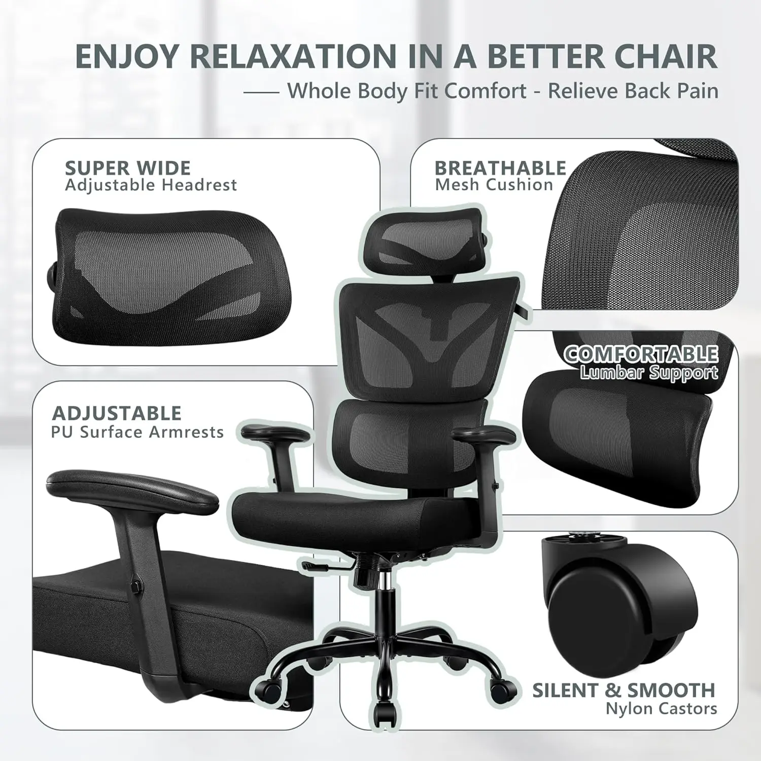 Silla de oficina ergonómica, asiento de escritorio, respaldo alto, grande y alto, reclinable, cómodo, negro