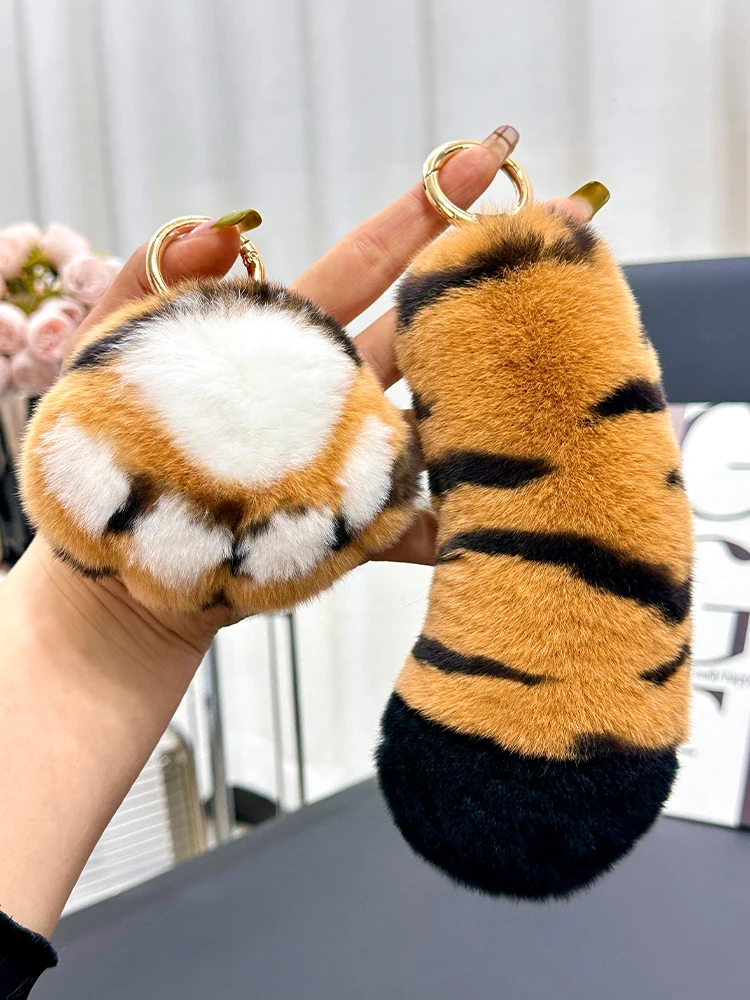 Natural Real Rex Rabbit Fur Tiger Tail Key Ring Keychain for Handbags Backpacks Bag Charm Ornaments for Bags