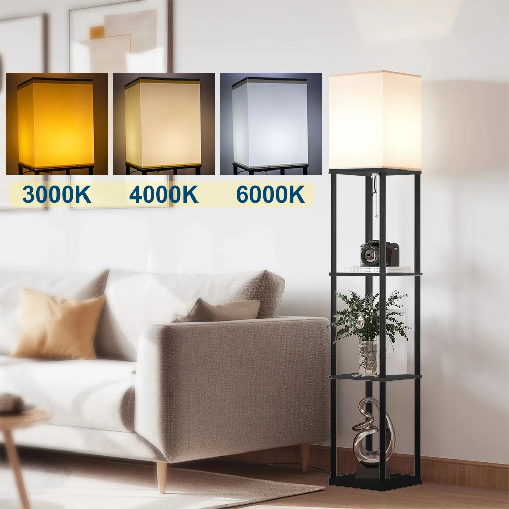 Modern Floor Lamp with 3-Tier Shelf, Black Standing Lamp with Beige Fabric Lampshade for Living Room Bedroom