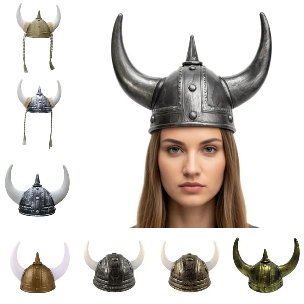 Plastic Viking Horn Hat Helmet Antiqued with Braids Medieval Warrior Knight Hat Realistic Head Ornament