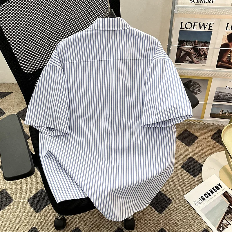 Men Shirt Striped Patchwork Lapel Short Sleeve Casual  Clothing Loose 2026 Streetwear Fashion Leisure Tops No Tie