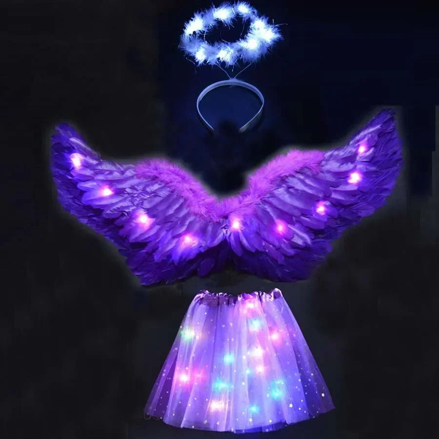 Women Girl Glow Wreath Flower Feather Angel Wing Light Tutu Skirt Halo Party Costume Birthday Christmas Halloween