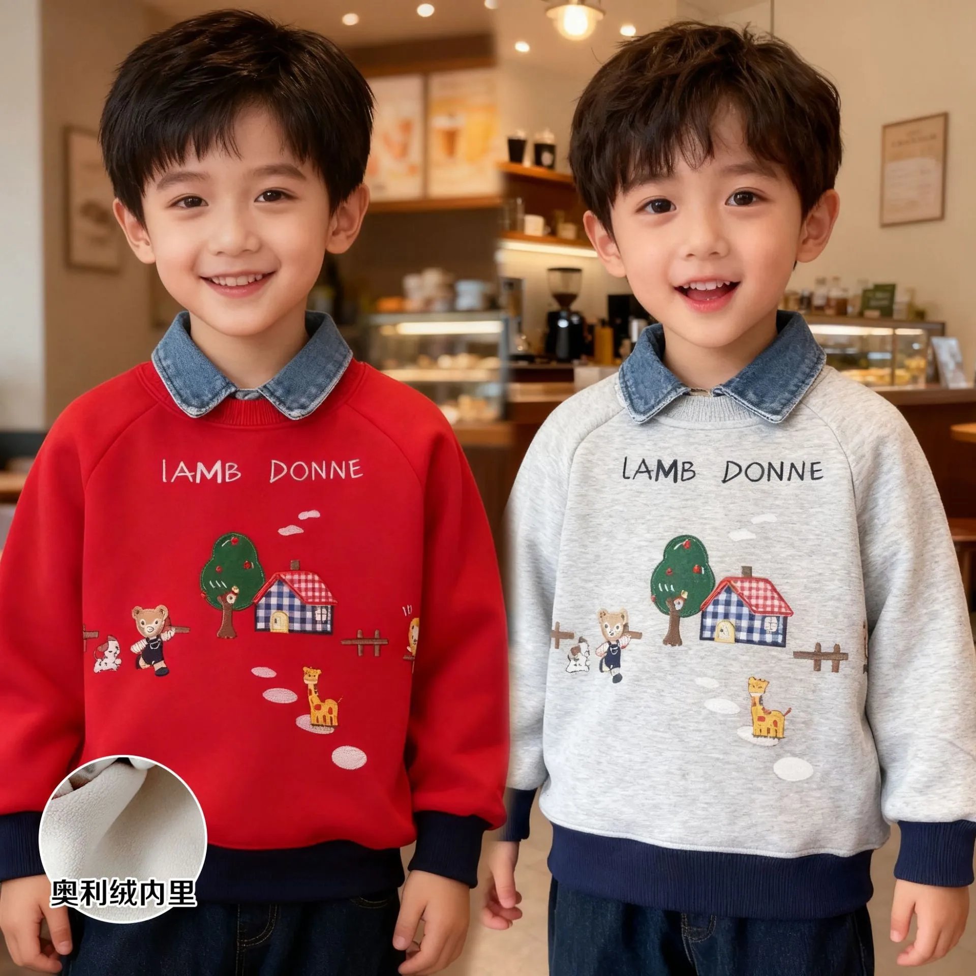 

Red Fleece-Lined Thickened Warm Pullover Top 26 Winter Edition Children's In Stock New Year Sweatshirt