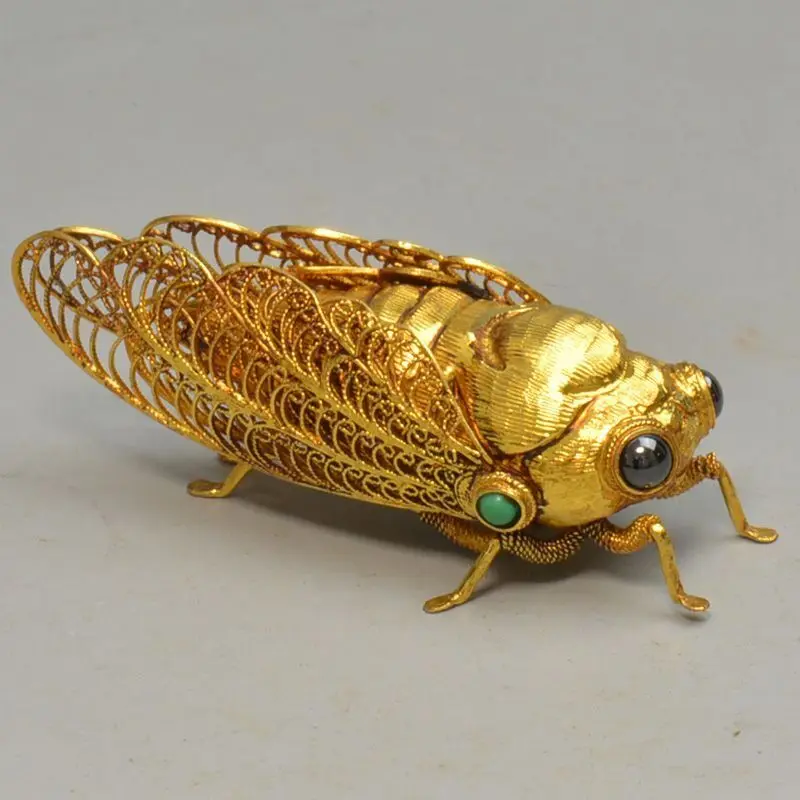 Antique Yellow Golden Cicada Ornament High-grade Gilt Filigree Inlaid with Green