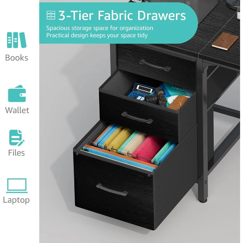 55 Fabric File Drawer Home Office Desk with Reversible Surface for Study & Writing