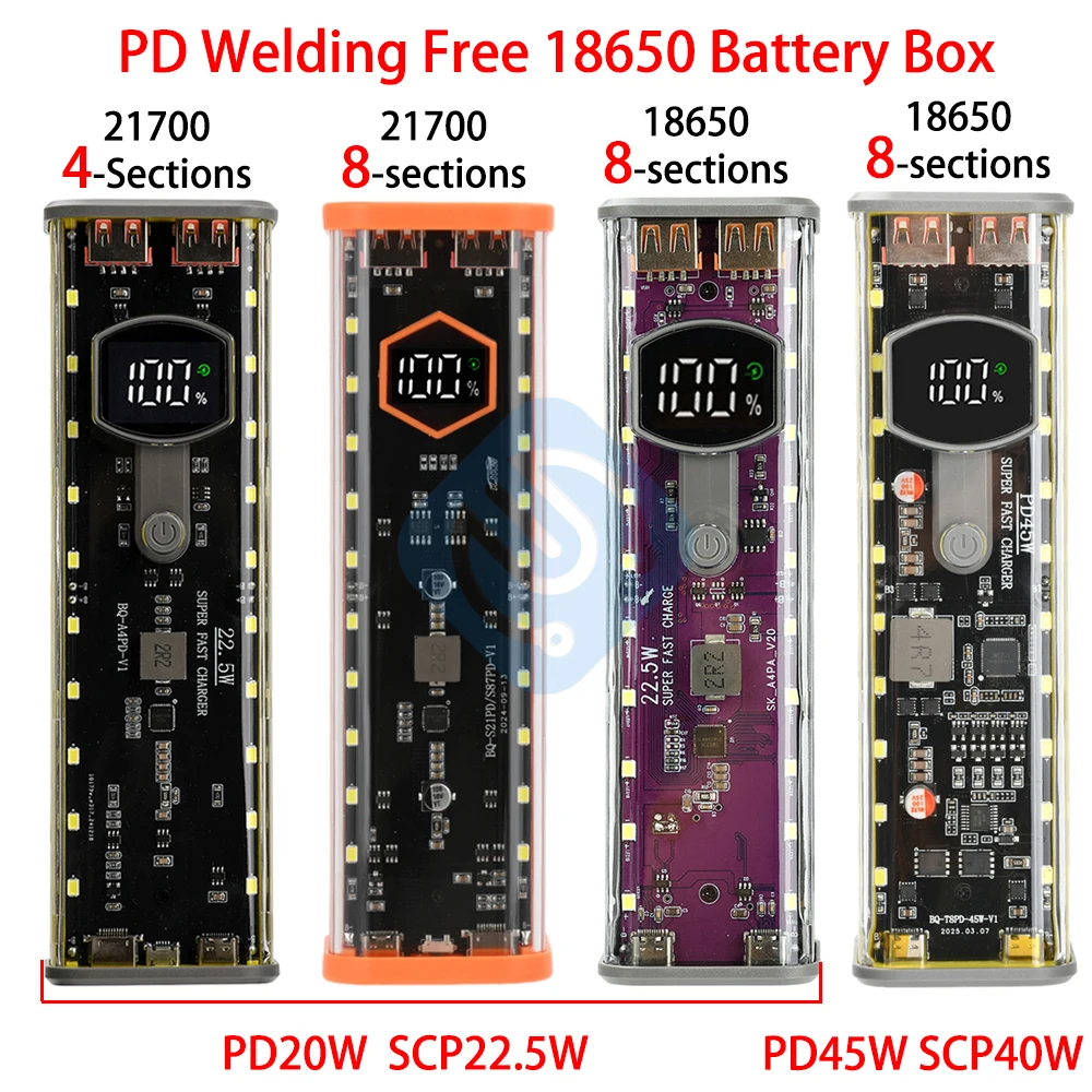 18650 21700 Battery Storage Box PD 22.5W 45W Super Fast Charging Rechargeable Case DIY Power Bank Shell Charger Housing 8X 4X