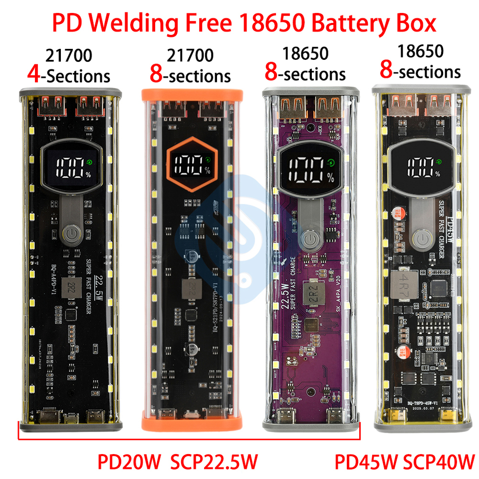  18650 21700 Battery Storage Box PD 22.5W 45W Super Fast Charging Rechargeable Case DIY Power Bank Shell Charger Housing 8X 4X 