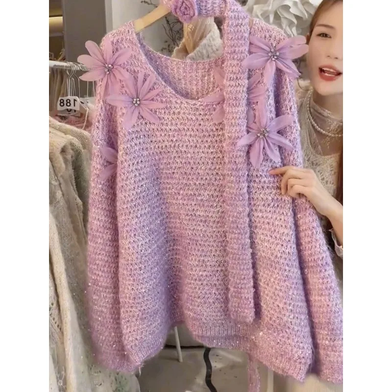 

Temperament Celebrity Diamond-encrusted Flower V-neck Knitted Sweater Autumn New Chic Design Niche Beautiful Sweater Exquisite