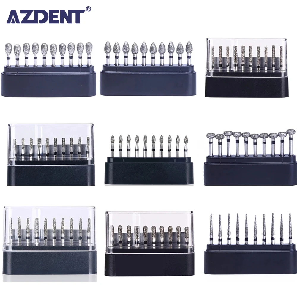 AZDENT 10pc/Boxes Dental Diamond Burs Drill Dental Burs Dia-burs for High Speed Handpiecess Medium Dentist Tools