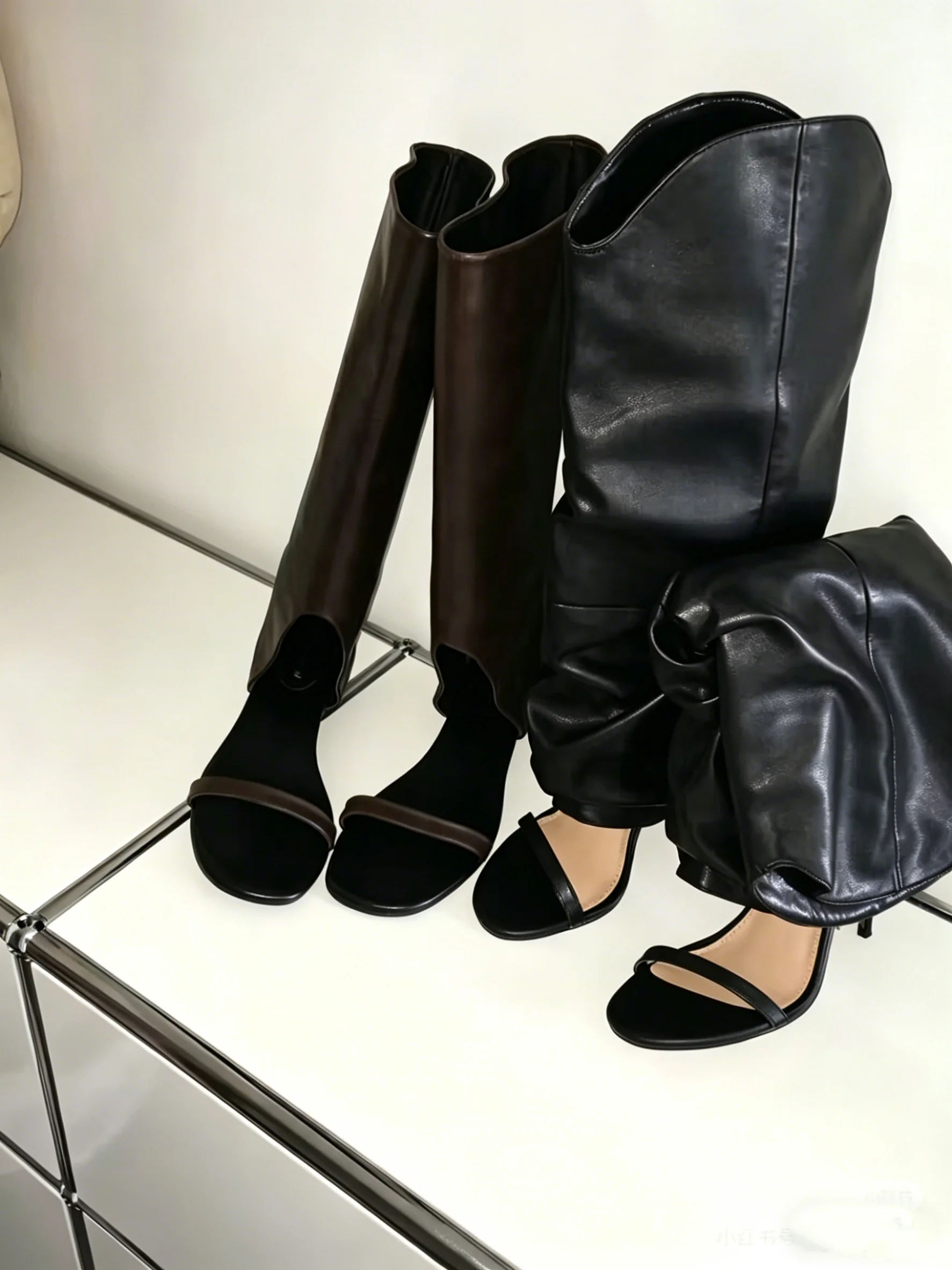 2026 New Punk Style Summer Knee-High Round Toe Women Sandals Stiletto High Heels Slip On Design Large Size Fashion Shoes
