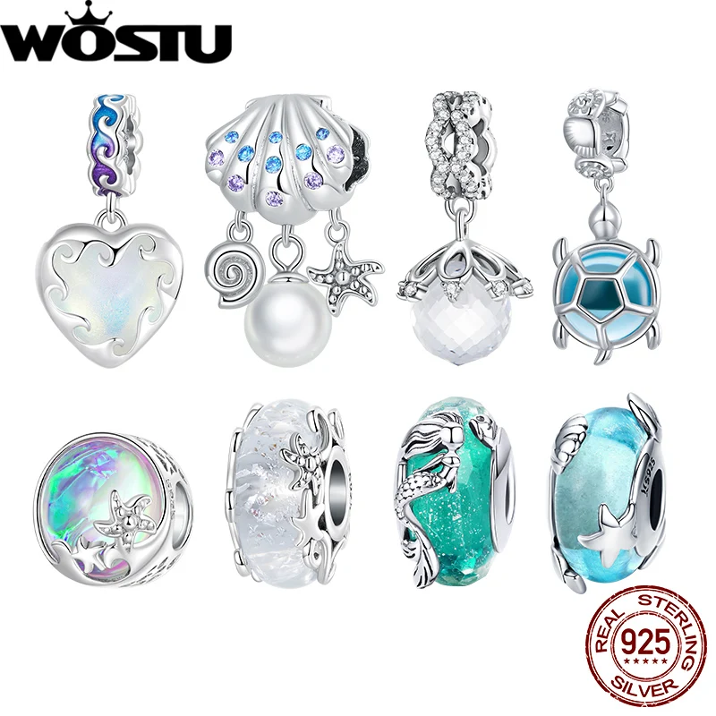 WOSTU 925 Sterling Silver Ocean Mermaid Charms Sea Turtle Pendant Rainbow Crystal Pearl Beads Fit Original Bracelet DIY Neckalce