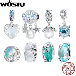 Wostu 925 Sterling Silver Ocean Mermaid Charms Sea Turtle Hanger Rainbow Crystal Parel Kralen Fit Originele Armband Diy Neckalce