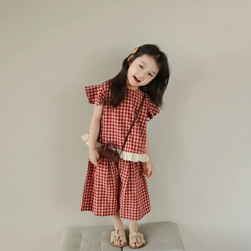 

2025 Summer New Girls' Plaid Set Personalized Small Flying Sleeve Short Sleeve+ Wide Leg Pants Fashion Clothes Suit