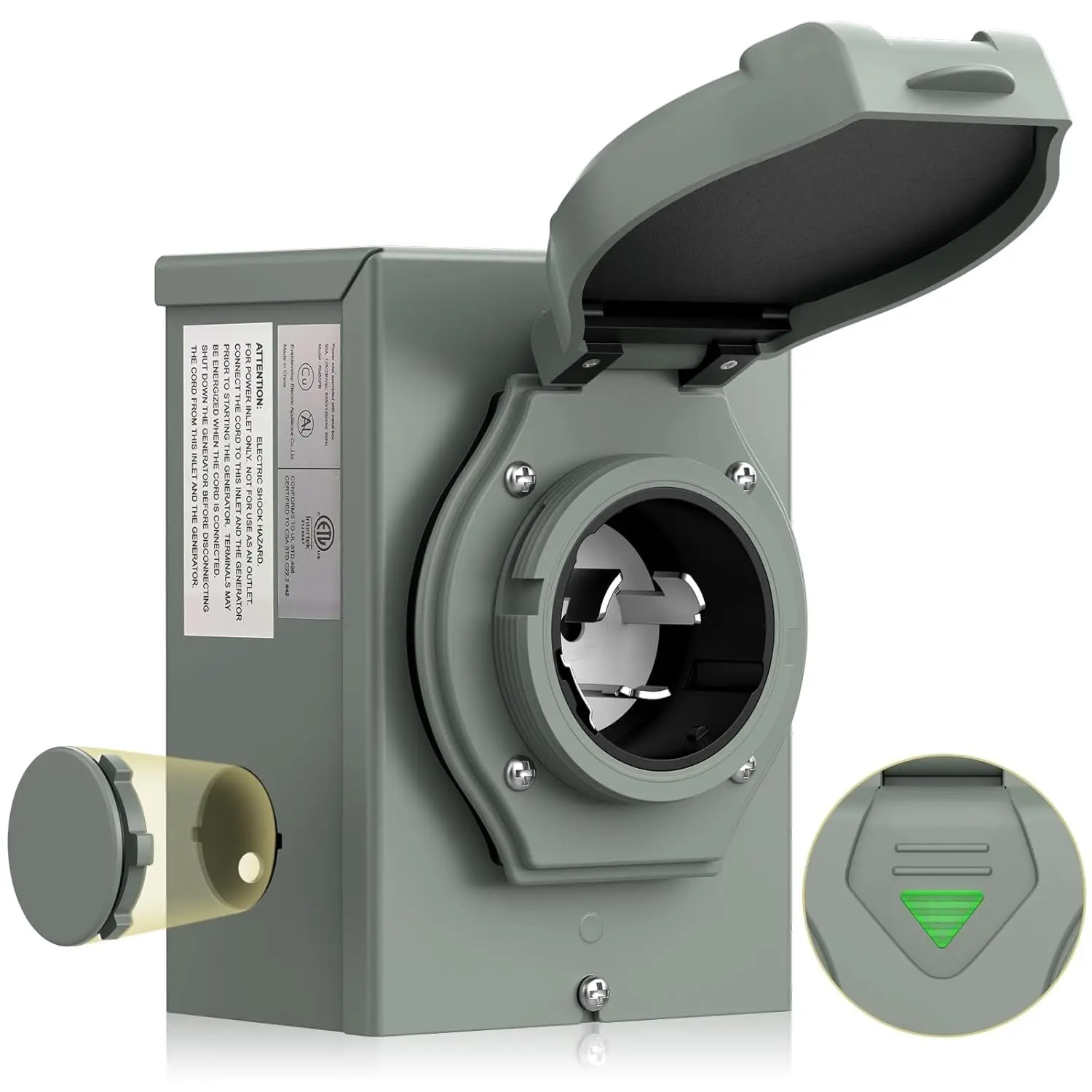 

50A Generator Inlet Box, SS2-50P, w/ Safety Light, Weatherproof, 125/250V, 12500W, ETL Listed (128 chars)