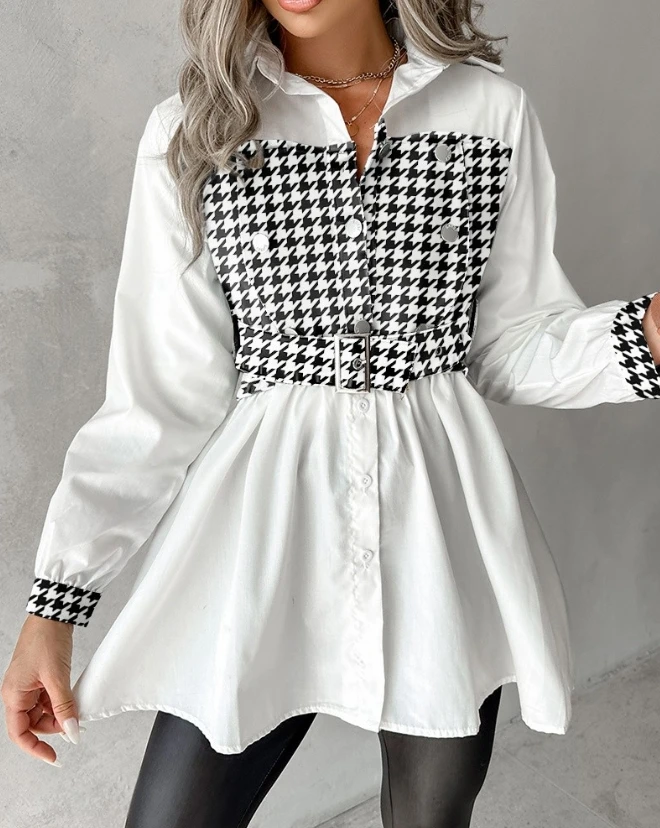 Women Shirts 2023 Houndstooth Print Patchwork Belted Ruched Top Daily Casual Elegant Turn-Down Collar Long Sleeve A-Line Blouse