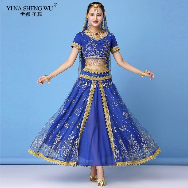 New Indian Bollywood Belly Dance Costume Set Sari Bollywood Outfit Egypt Belly Dance Stage Performance Chiffon Dance Sequins Set