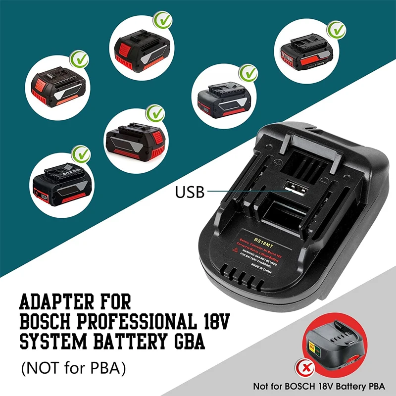 Battery Adapter Converter for Bosch 18V Converted To for Makita 18V Li-ion Battery BL1830 BL1850 BS18MT Adapter with USB Port