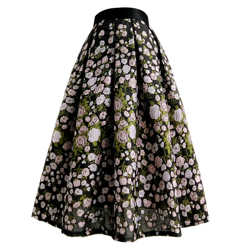 Black embroidered organza temperament women high waist pleated skirt