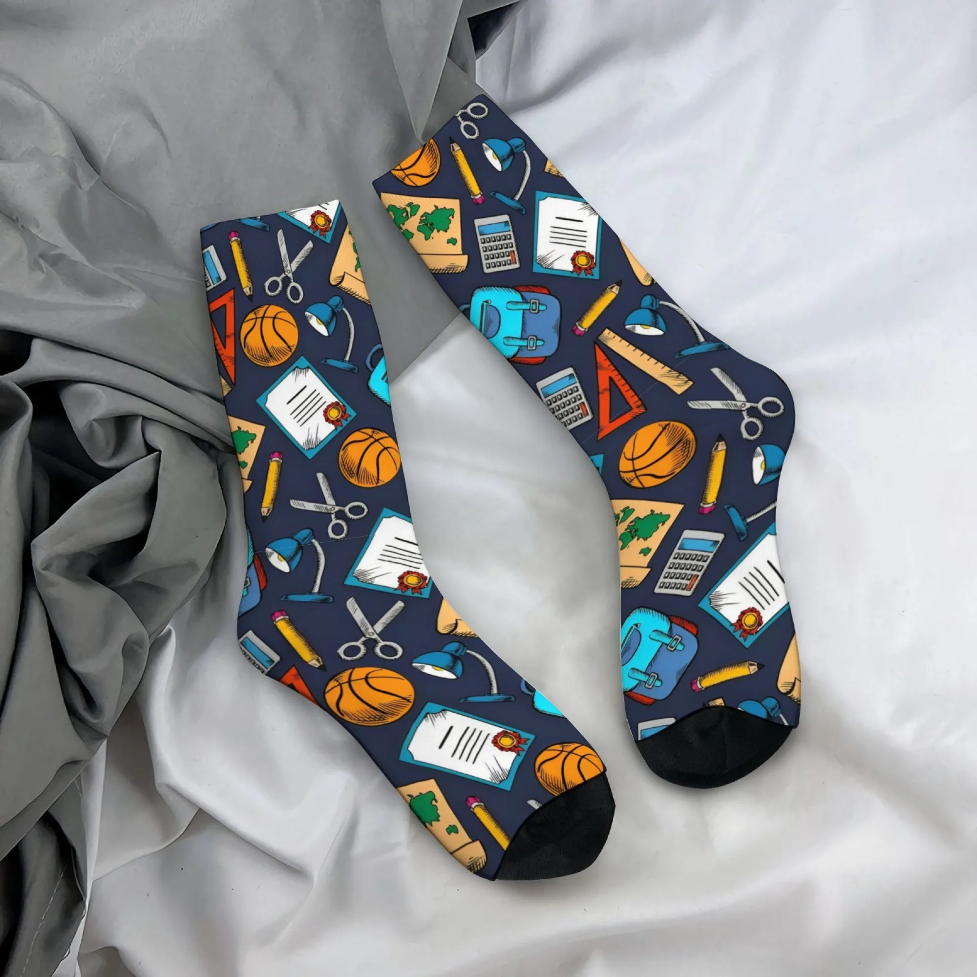 Playful Campus-Style Graffiti Men's Mid-Calf Socks Blue Background with All-Over Print of Campus Elements Lively Youthful Style