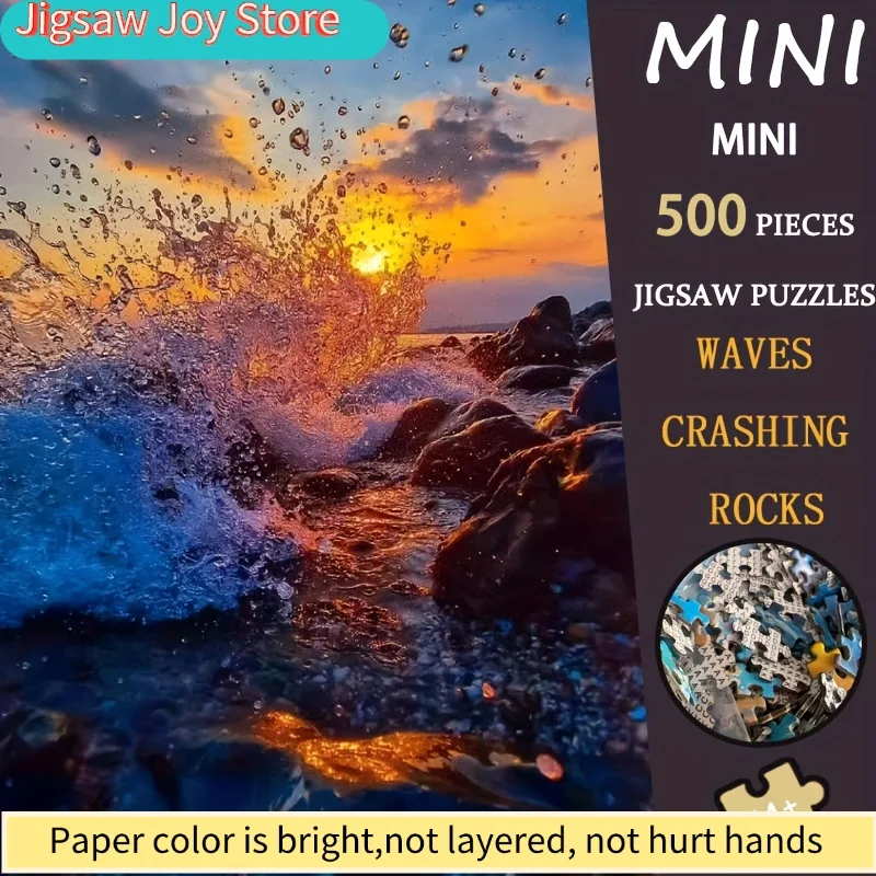 1 Box of  Mini Puzzle - Waves Crashing Rocks, 15x10 Inches, Dynamic Seascape Art, Portable Cardboard Jigsaw for Adults, Coasta